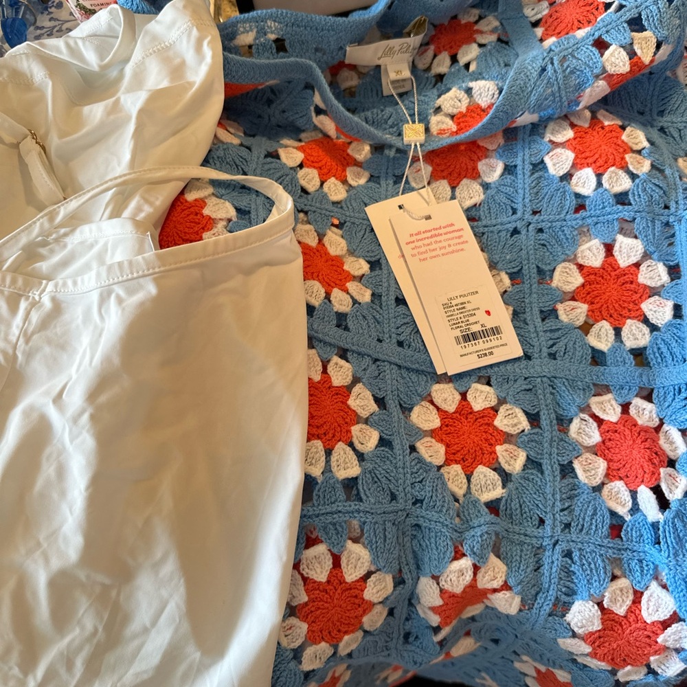 Lilly Pulitzer Blue and Red Crochet Long Sleeve Dress